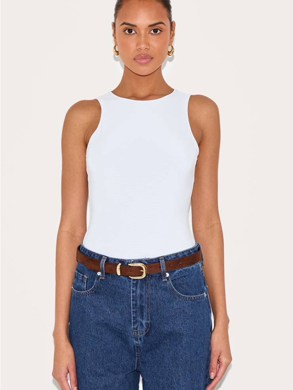 PrettyLittleThing White Slinky Racer Sleeveless Bodysuit